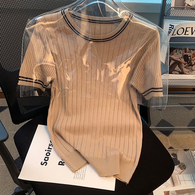 【tops】3色ラウンドネックニットＴシャツF7286