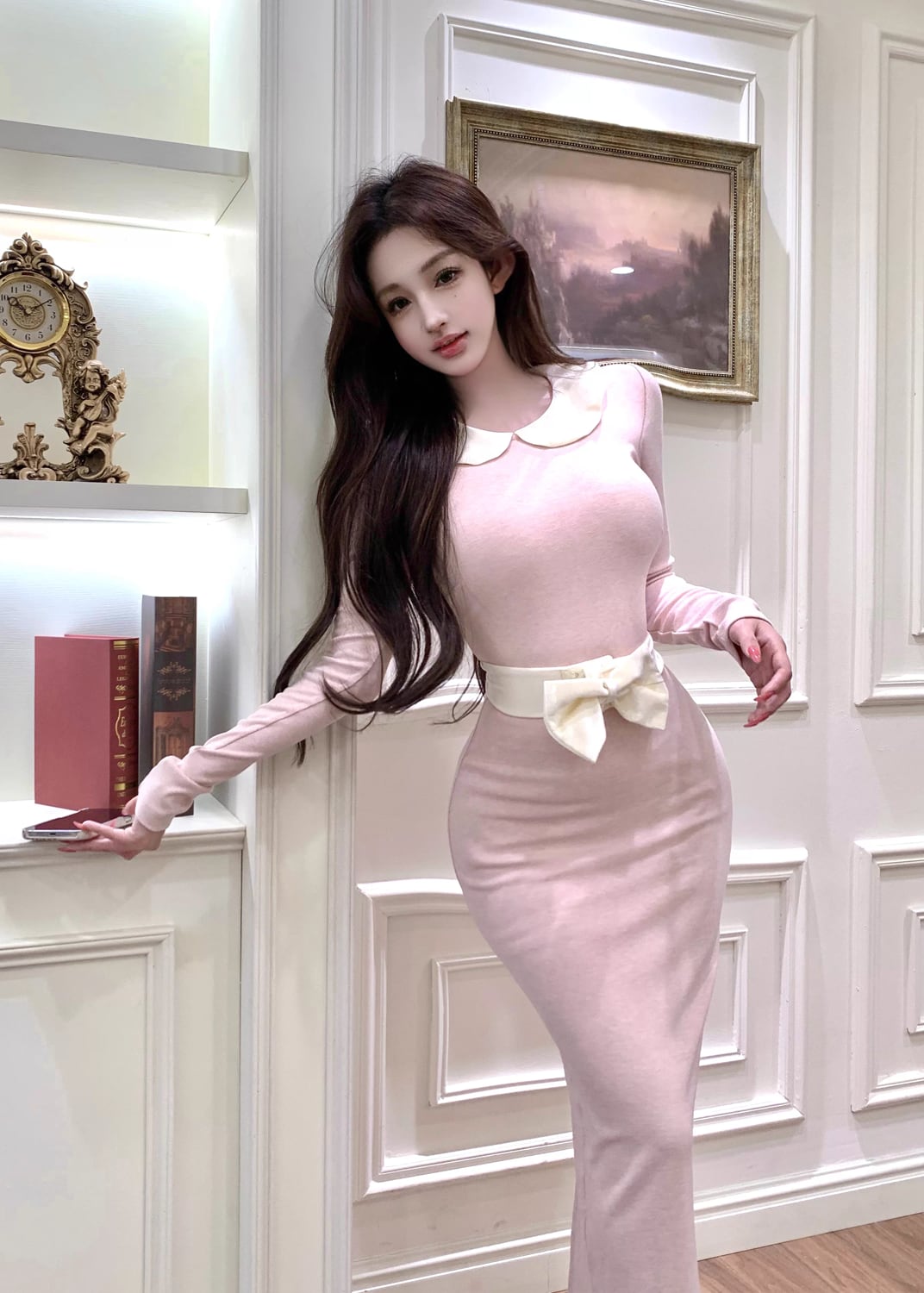 【dress】ベルト付きピーターパンカラーロングワンピース Q7733