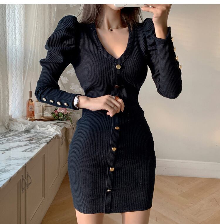 【dress】好感度UP!気質満点レトロ秋冬Vネック体型カバーお洒落ニットワンピース G2420