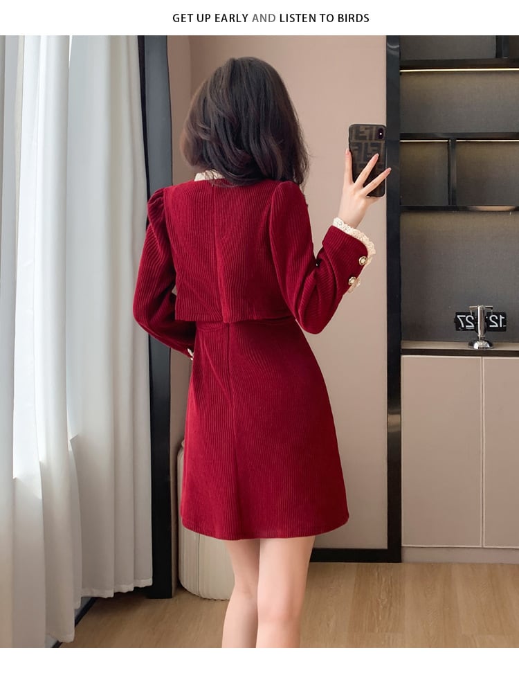 【dress】レース長袖偽二つ切り替えワンピース G18428