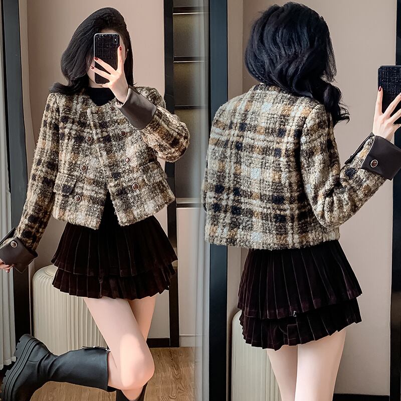 【set】チェック柄ショートコート×スカートセット　M27688