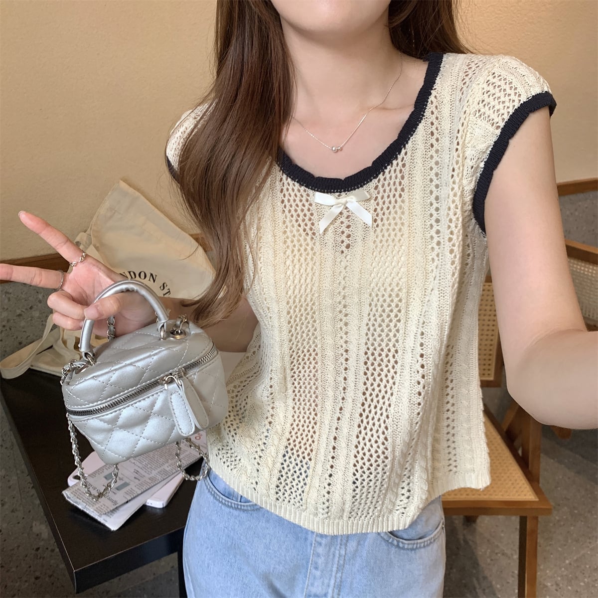 【tops】カットワークニットTシャツ　M24902