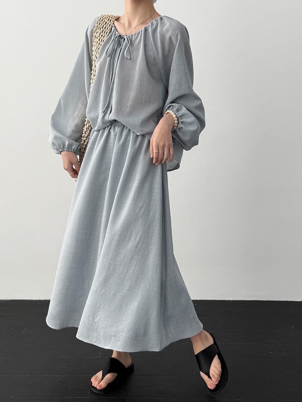 【set】リボン付きトップス×ロングスカートセット Q8324