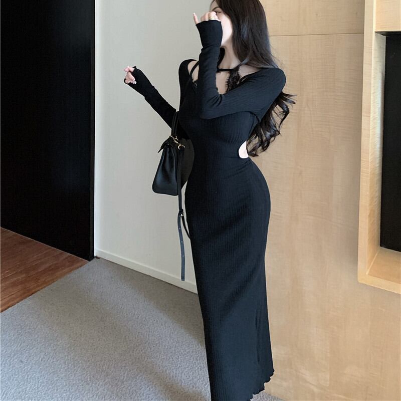 【dress】レースドッキングニットワンピース　M27875