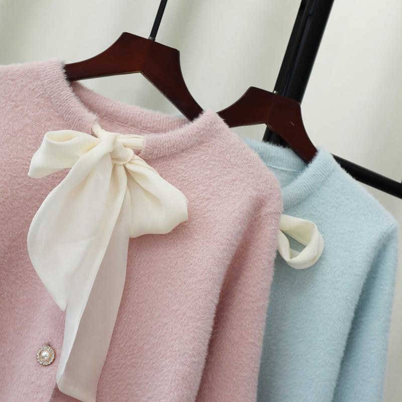 【outer】リボン付きニットカーディガン Q6951