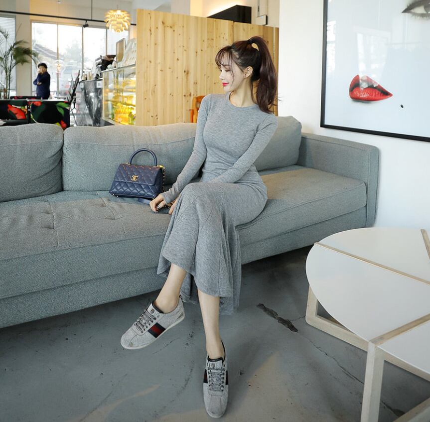 【dress】韓流スタイル気質満点長袖ラウンドネック体型カバーマーメイドワンピース G2416