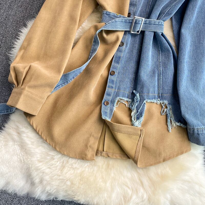 【tops】話題沸騰中春新作4色POLOネック長袖人気デニム切り替え配色着回しブラウスF4620