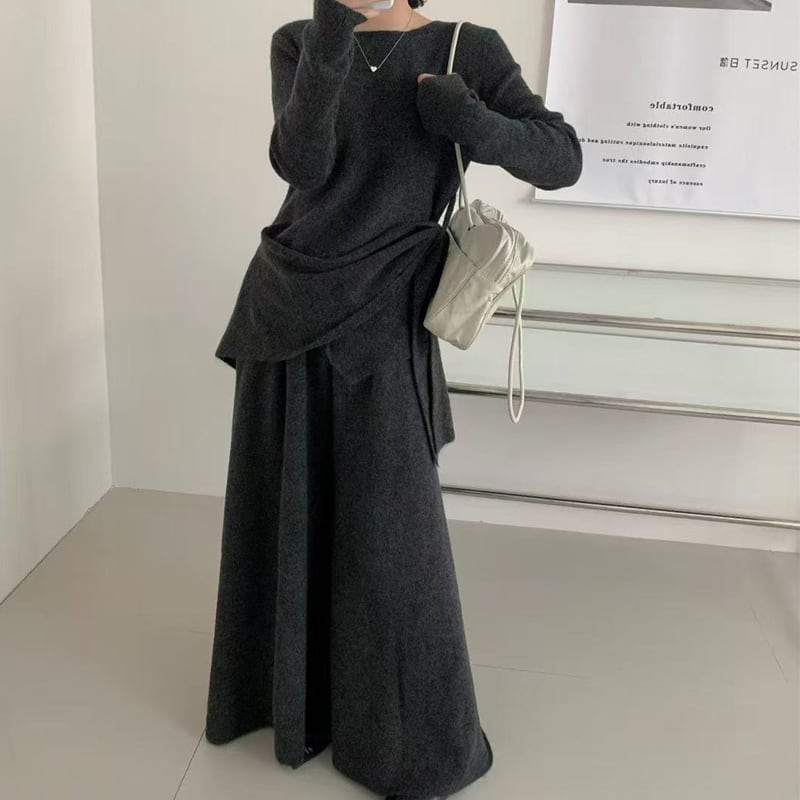 【set】4色展開ニットトップス×ワイドパンツセット Q7883