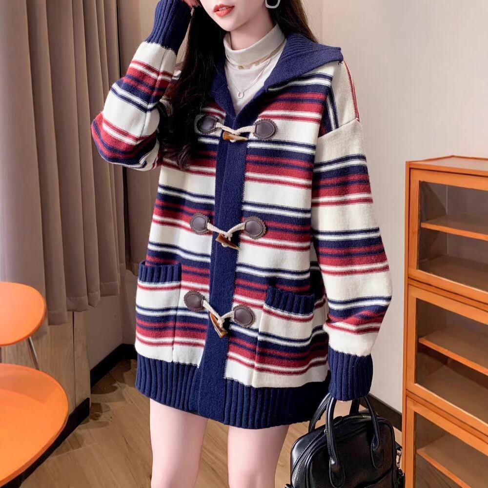 【outer】ボーダー柄ニットカーデ　M28488