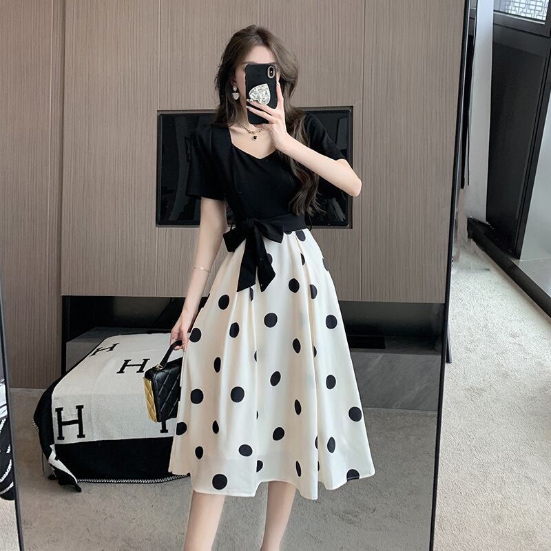 【dress】大人可愛い夏Vネック切り替えドット柄ワンピースF5794