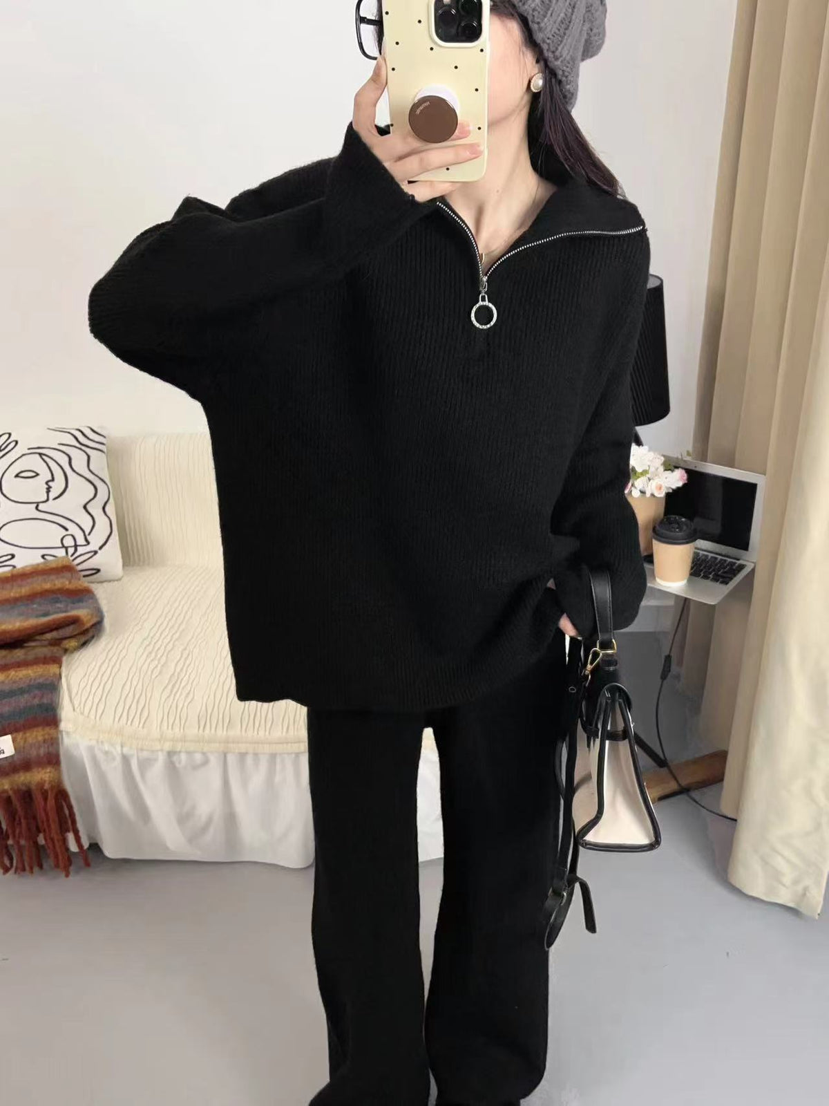 【set】ファスナーニットセーター×ワイドパンツセット　M26225