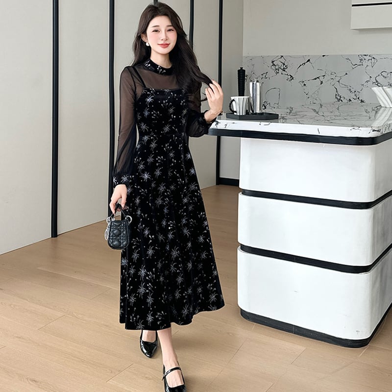 【dress】チュールドッキングベルベットワンピース Q7045