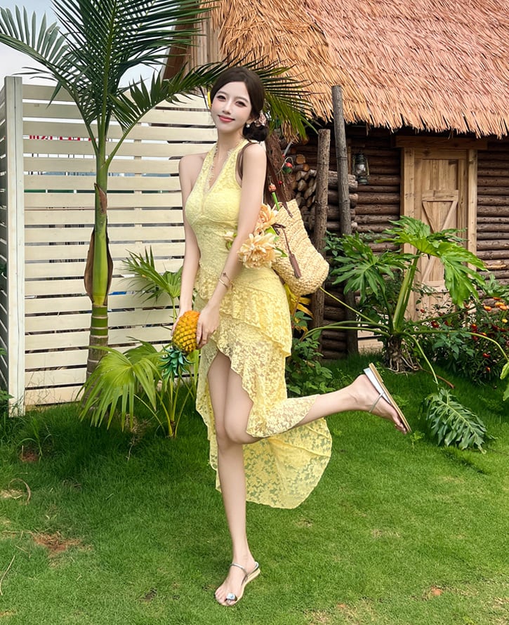 【dress】ホルターネックイレヘムレースワンピース Q8414