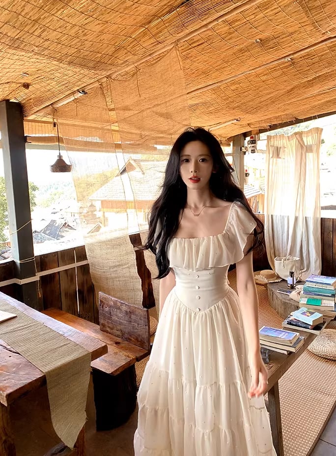【dress】バックオーポンフリルロングワンピース Q8454