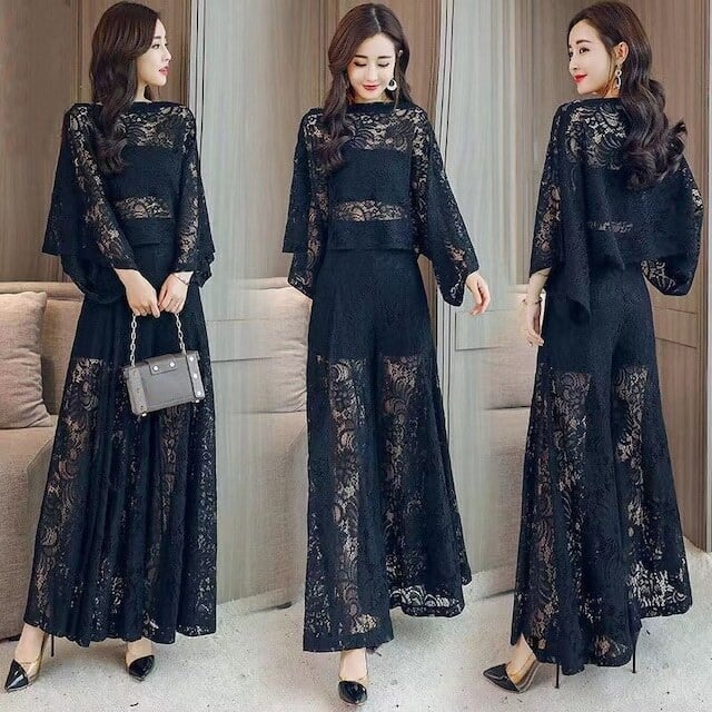 【set】ラウンドネックレース透かし彫りトップス（インナー付き)+カジュアルパンツ2点セット F1922