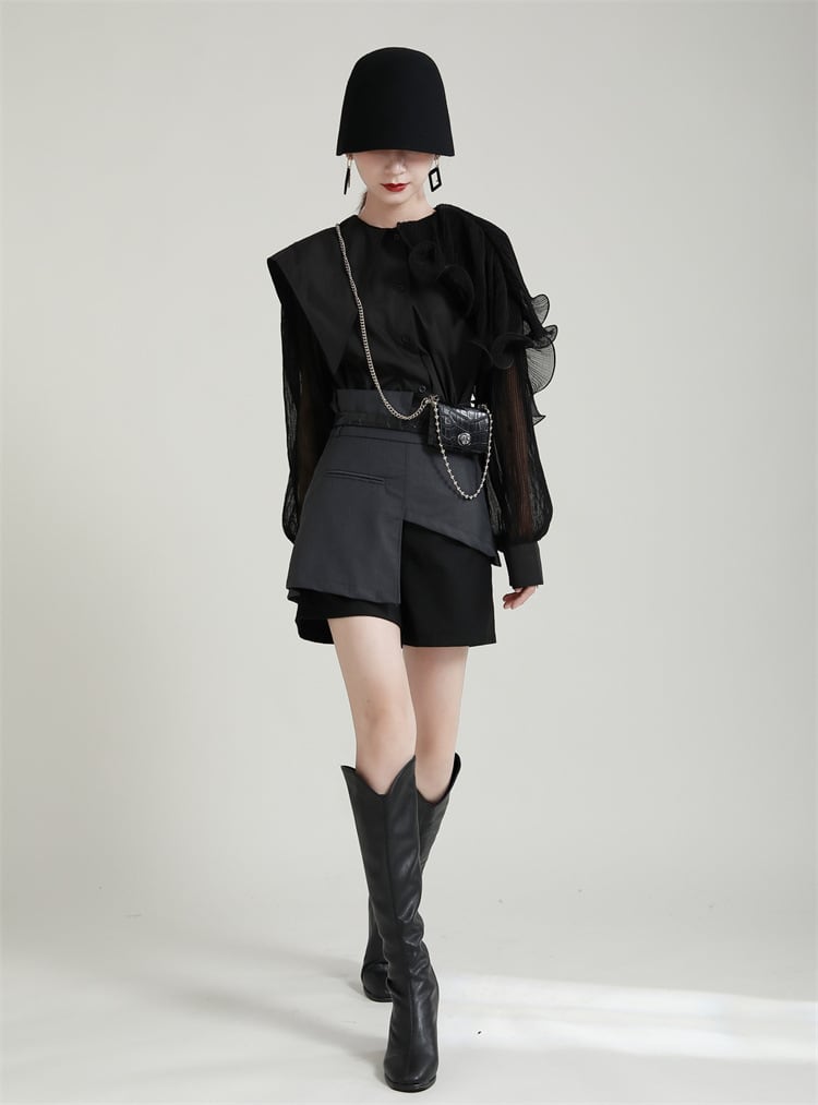 【tops】フリル不規則 イレギュラーシャツブラウス　M29334