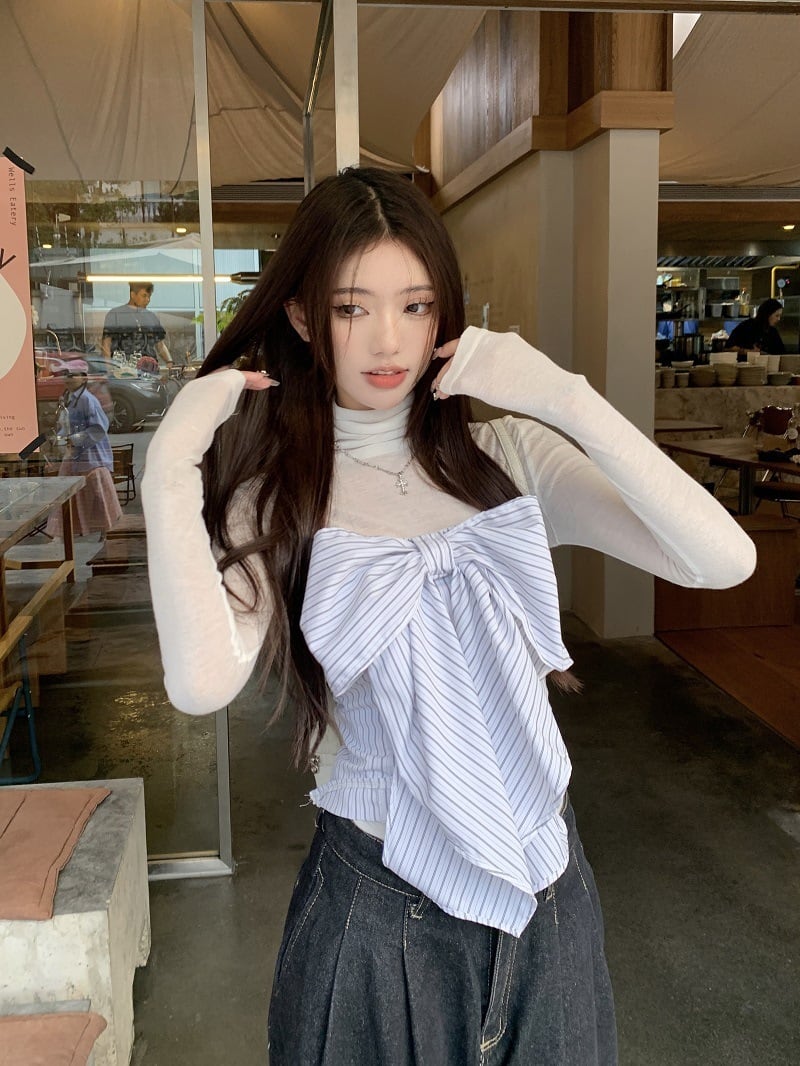 【set】Tシャツ+ストライプ柄リボンベアトップ２点セットG21346