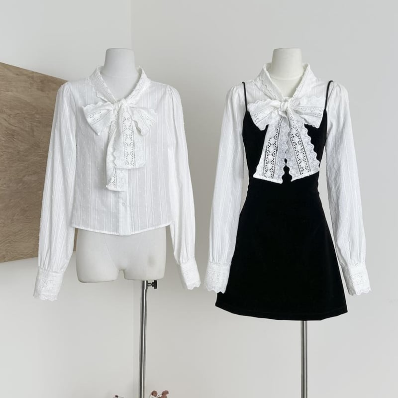 【set】リボン付きシャツ×キャミワンピースセット Q7953