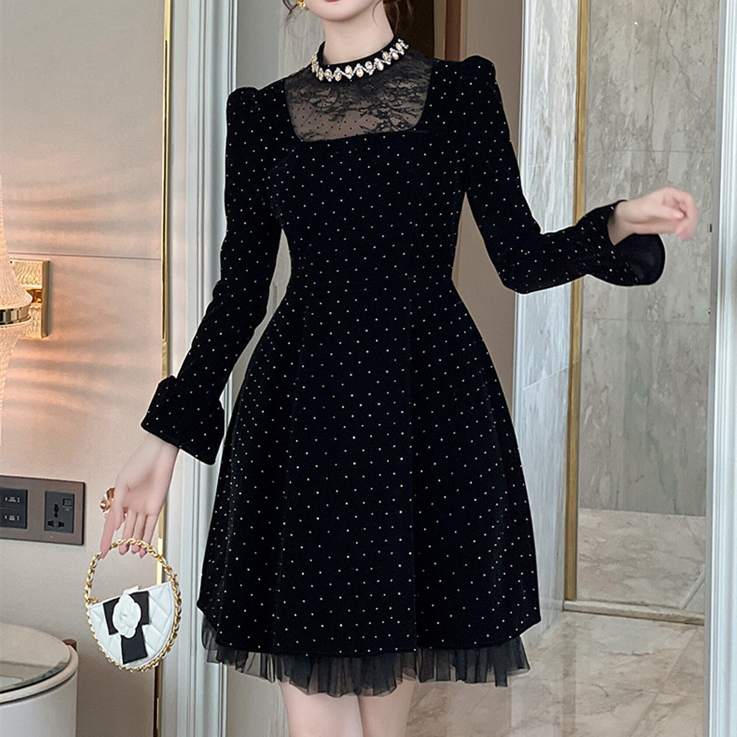 【dress】レースドッキングラインストーンベロアワンピース　N3420