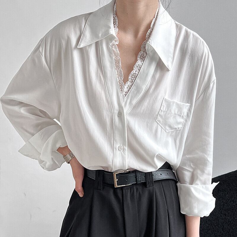 【tops】レース切り替えシャツブラウス　M29946