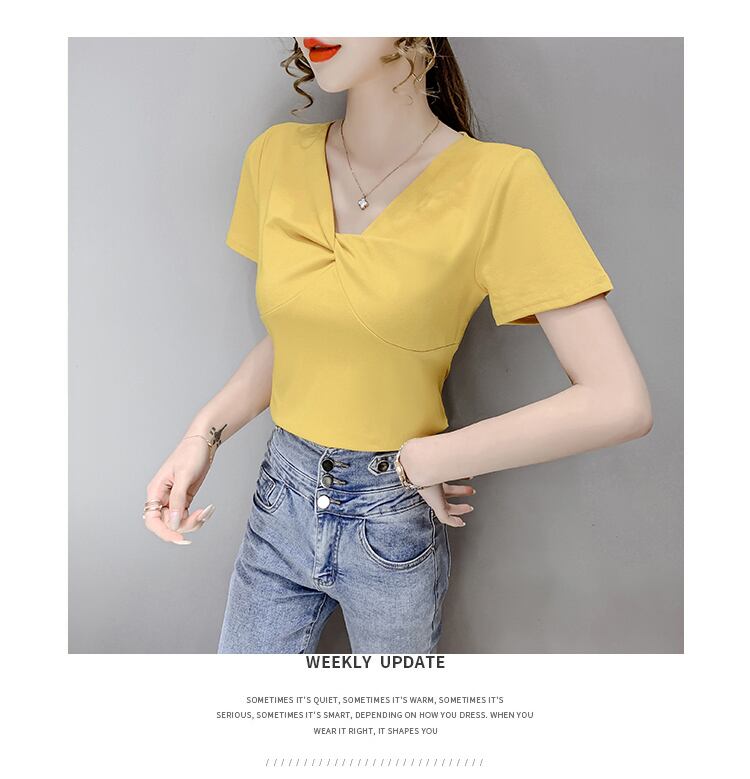 【tops】2色Vネック半袖ファッション無地着回しブラウスF0154