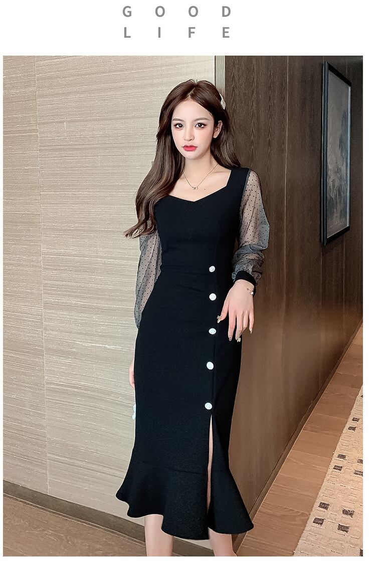 【dress】ファッション!気質満点スクエアネック無地Aライン着痩せワンピース G1660