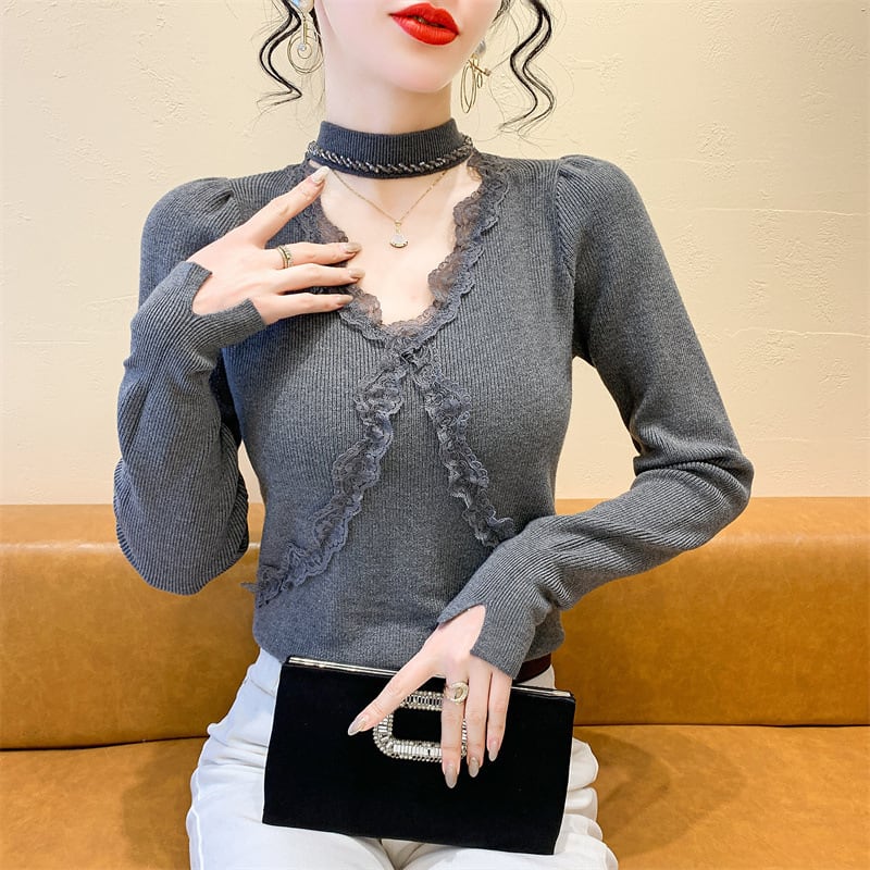【tops】ビジューレース切り替えニットトップス　M27732