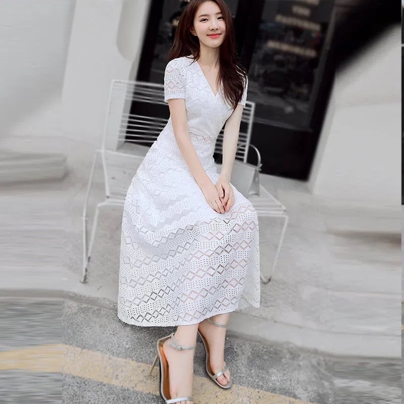 【dress】今季トレンドレース着痩せハイウエストAライン透かし彫り無地ワンピースF0117