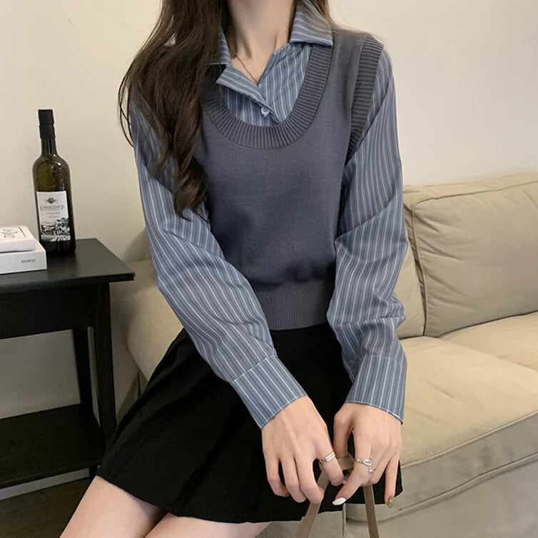 【tops】POLOネック切り替えニットトップス　N2834