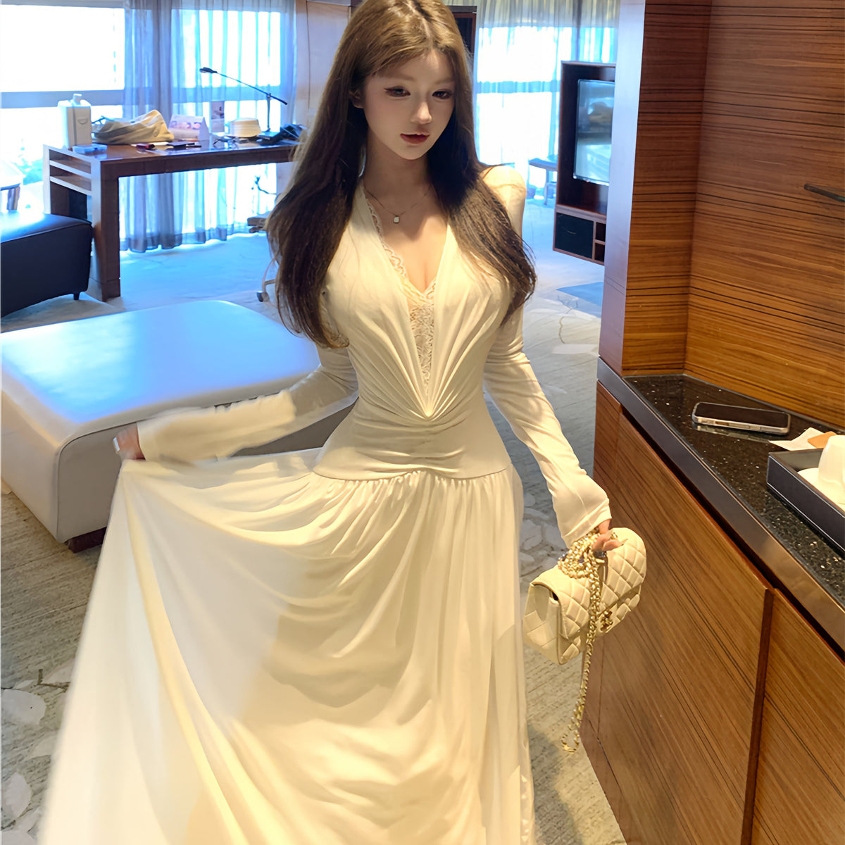 【dress】レースドッキングロングワンピース　N3432