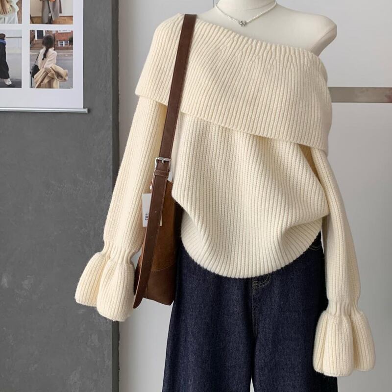 【tops】オフショルダーラペルニットトップス Q7643