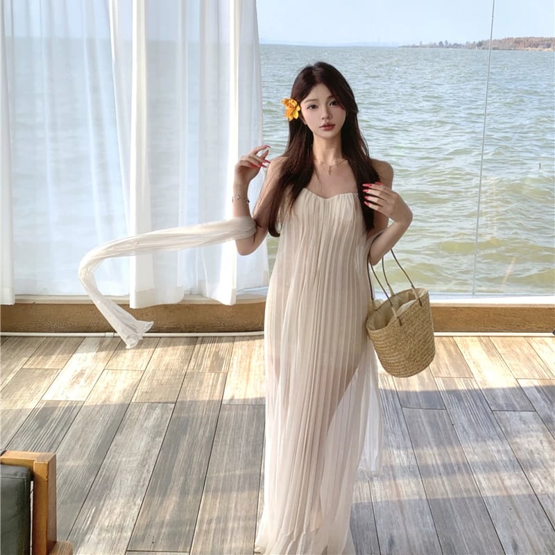 【dress】スカーフ付きシアーチュールチューブワンピース Q8511