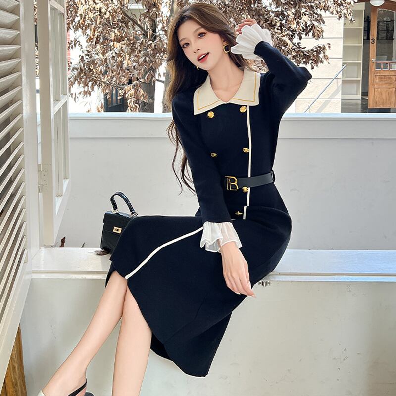 【dress】レースドッキングニットワンピース Q7584