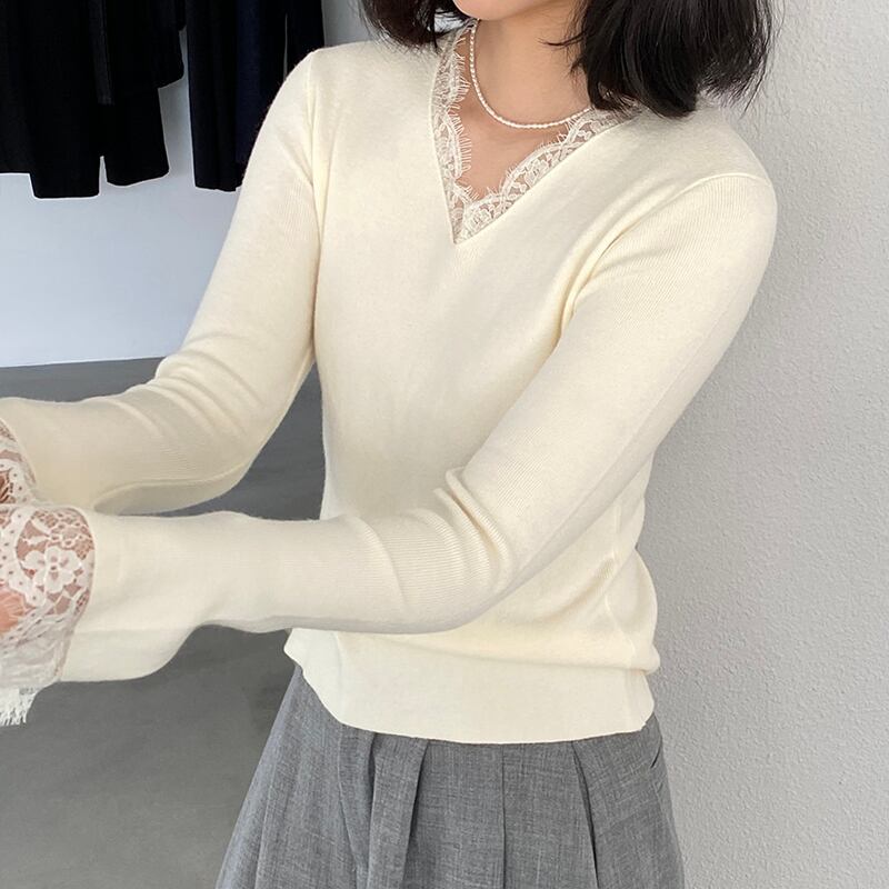 【tops】レースドッキングニットトップス Q7236