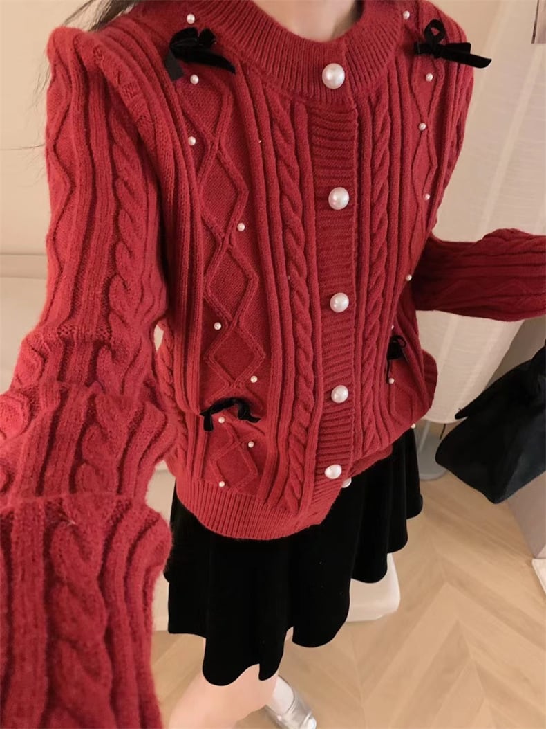 【outer】リボン付きパールニットカーデ　M25848