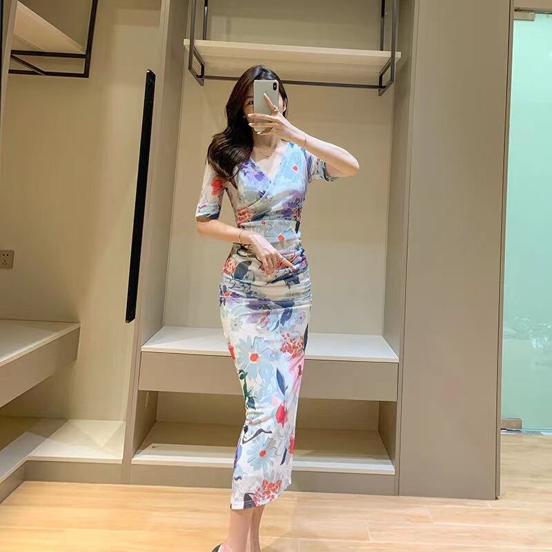 【dress】今季マストバイVネック半袖花柄配色スリット披露宴二次会着やせタイトワンピースF2742