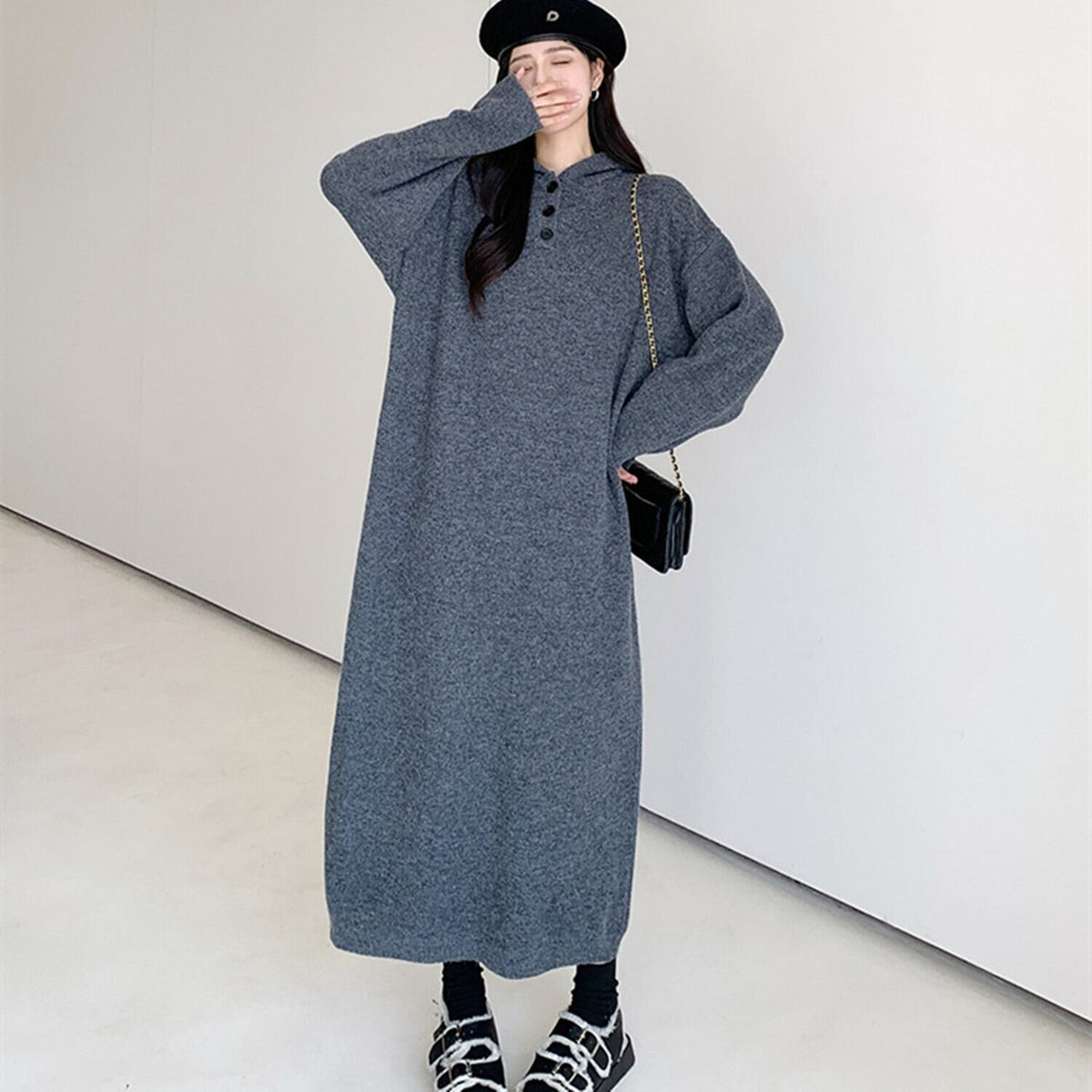 【dress】フード付きロングニットワンピース　N2186