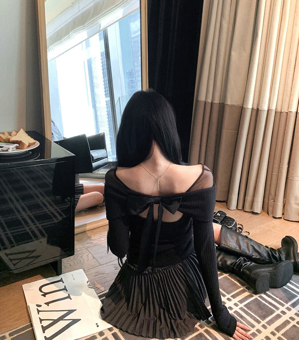【tops】チュールドッキングリボンニットトップス　N3490