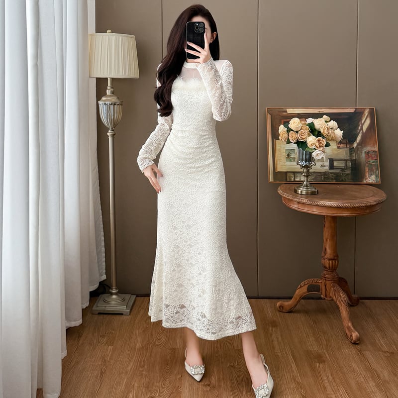 【dress】ファー付きレースワンピース Q7498