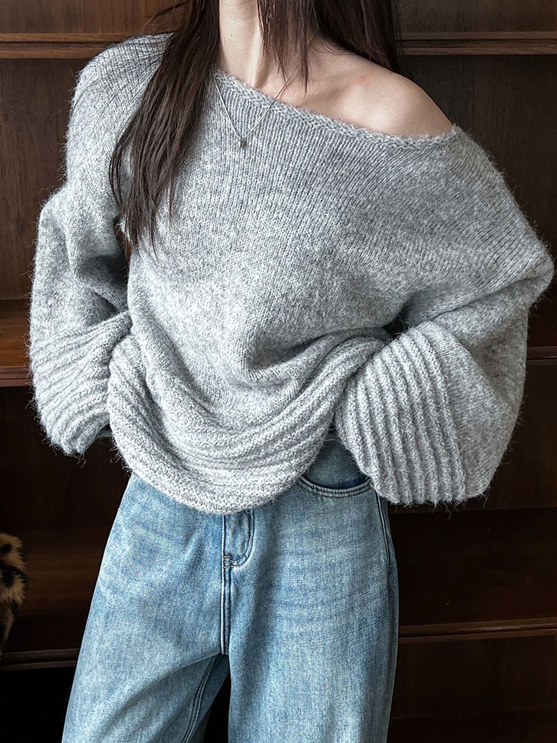 【tops】オフショルダーバルーンスリーブニットトップス　N2911