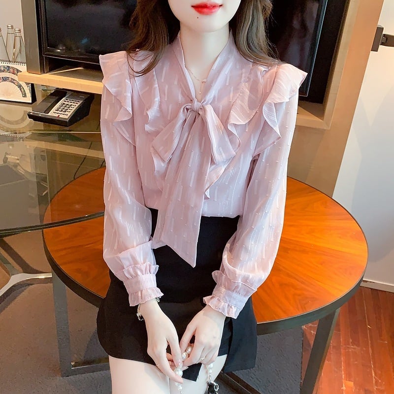【tops】リボン付きシャツトップス　M25727