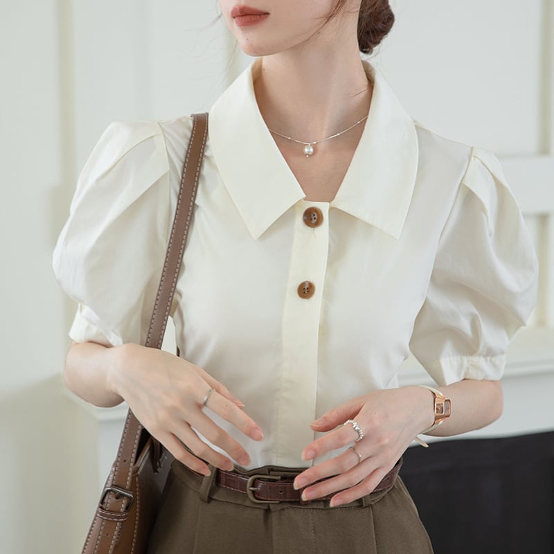 【tops】POLOネックパフスリーブブラウスG21078