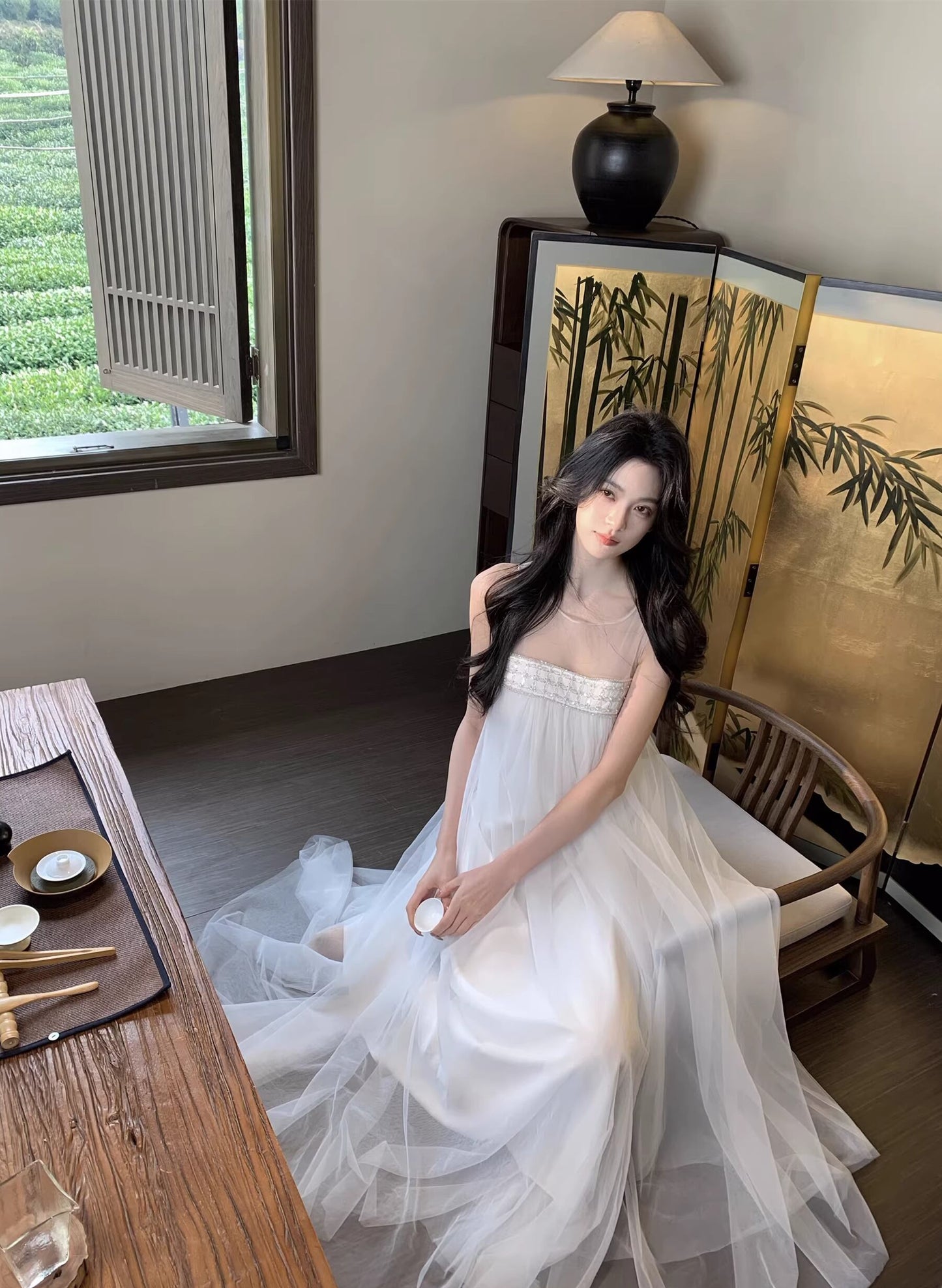 【dress】ノースリーブチュールワンピース Q7966