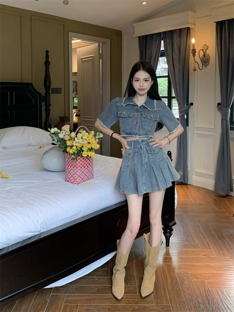 【set】半袖ジャケット+スカートデニム2点セットF7529