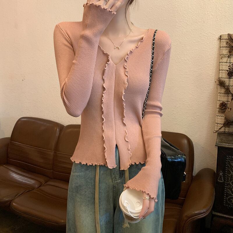 【tops】Vネックフリルニットトップス　M18839