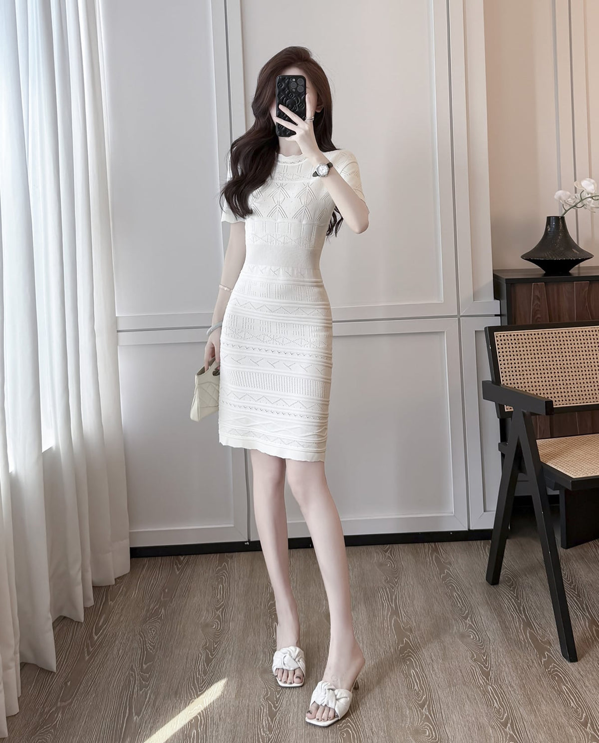 【dress】半袖透かし編みニットワンピース Q8492
