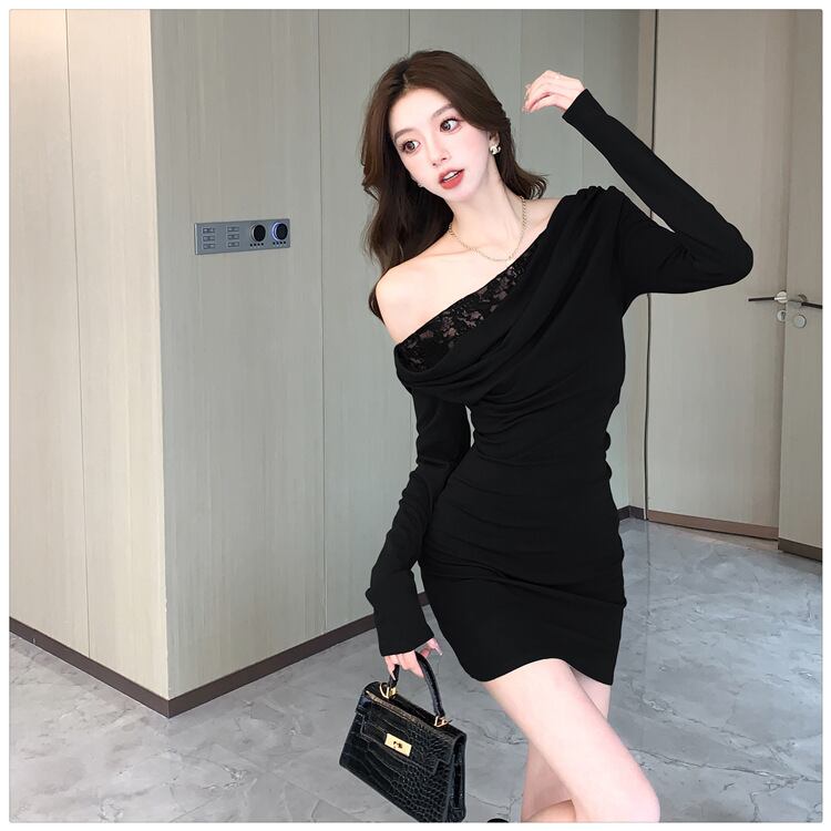 【dress】レース切り替えオフショルダーワンピース　M28103