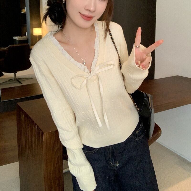 【tops】Vネックリボン付きニットトップス　M27739