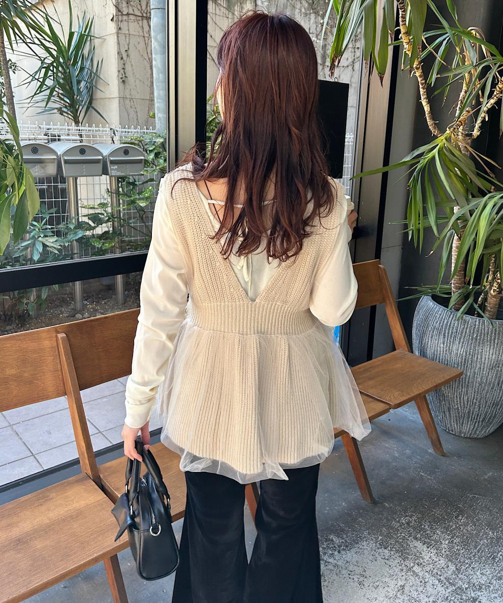 【tops】Vネックチュールコンビニットベスト　M28580