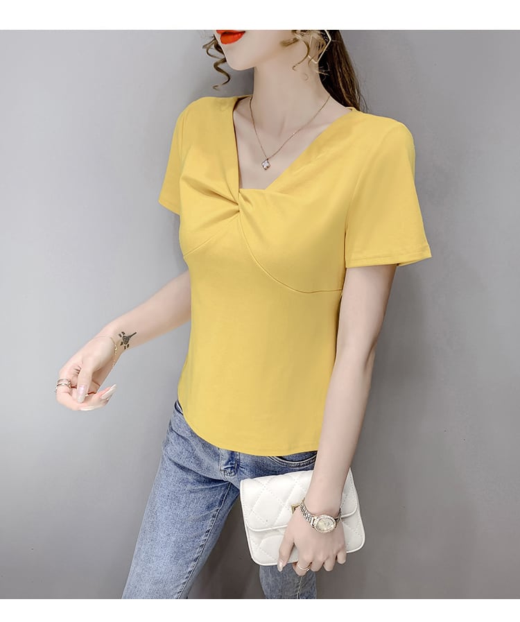 【tops】2色Vネック半袖ファッション無地着回しブラウスF0154